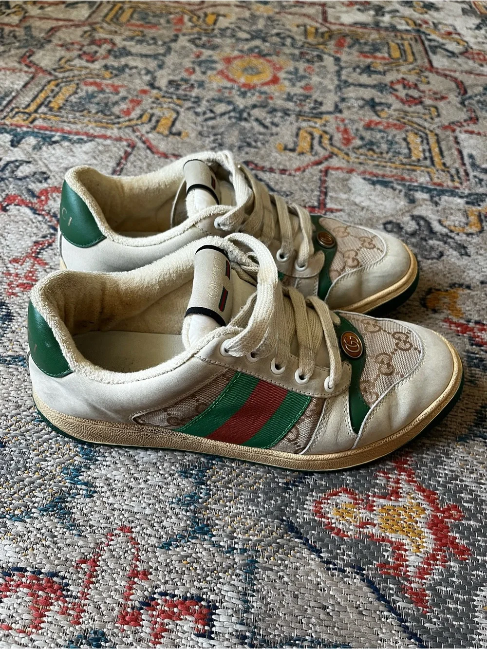 Gucci Cream and Green Leather Logo Sneakers Size 41 Sneakers GG Monogram
